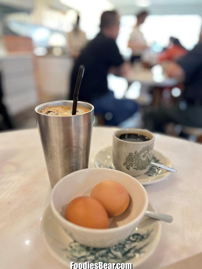 Guan's half boiled eggs, Kopi-O and Cham.